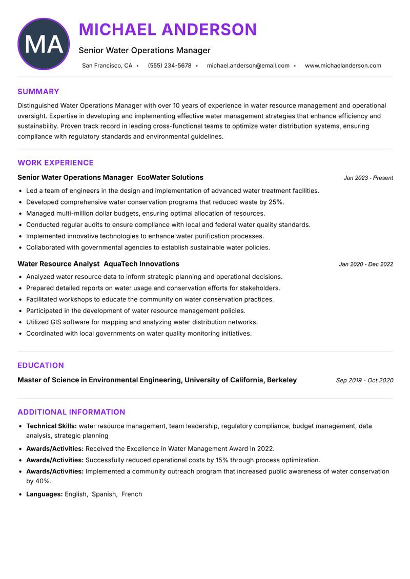 Water Operations Manager Resume Preview Example