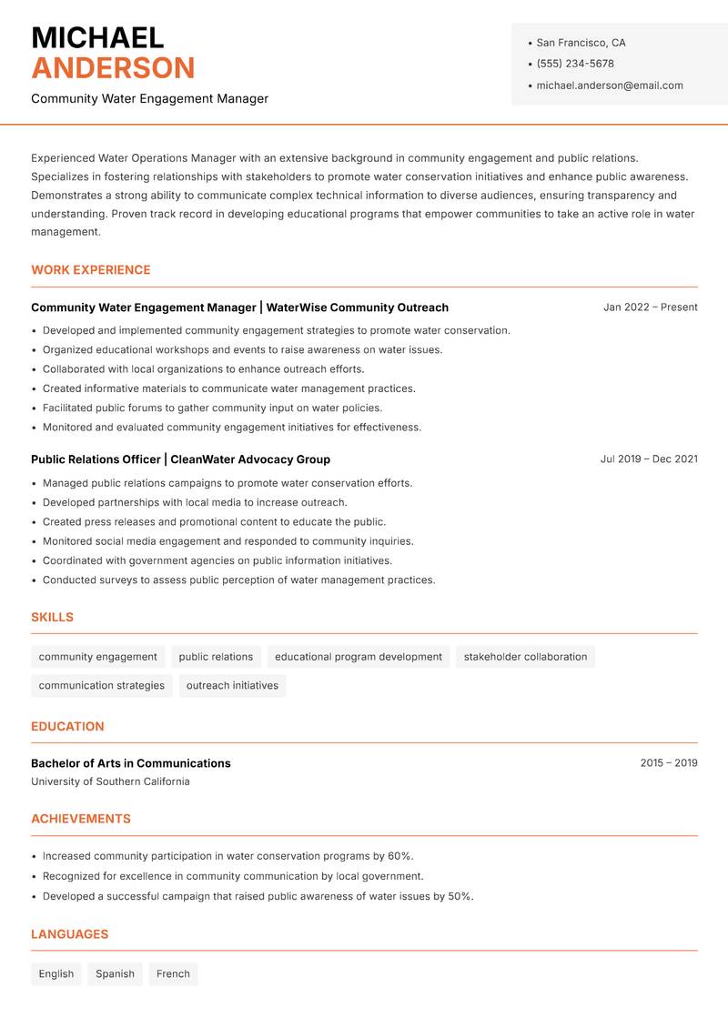 Water Operations Manager Resume Template