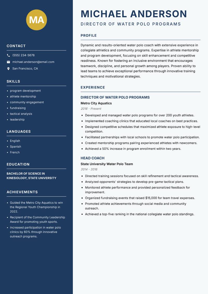 Water Polo Coach Resume Preview Example
