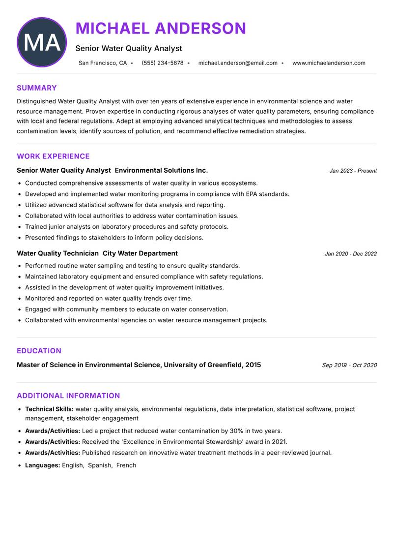 Water Quality Analyst Resume Preview Example