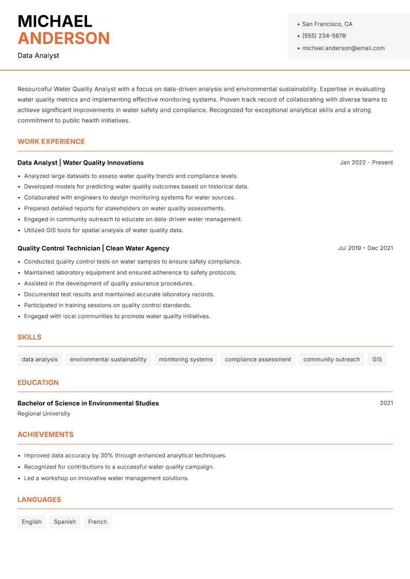 Water Quality Analyst Resume Template