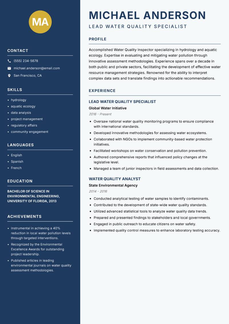 Water Quality Inspector Resume Preview Example
