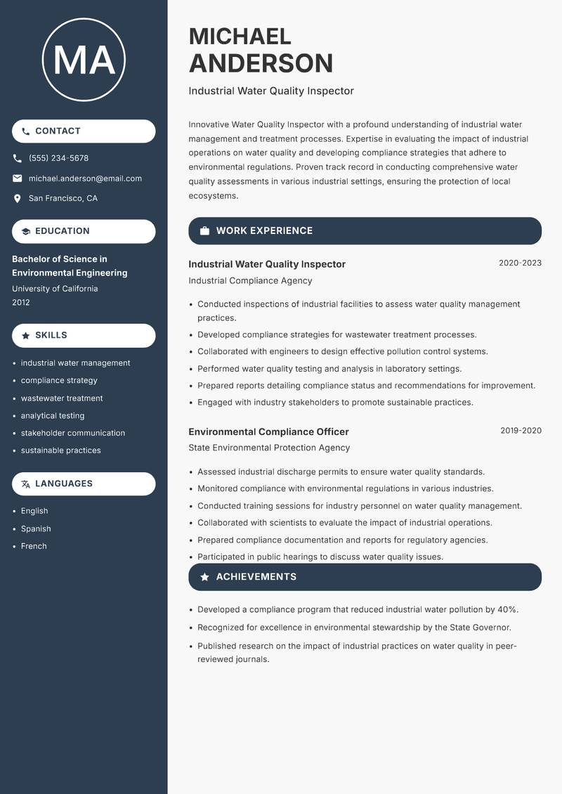 Water Quality Inspector Resume Preview Example