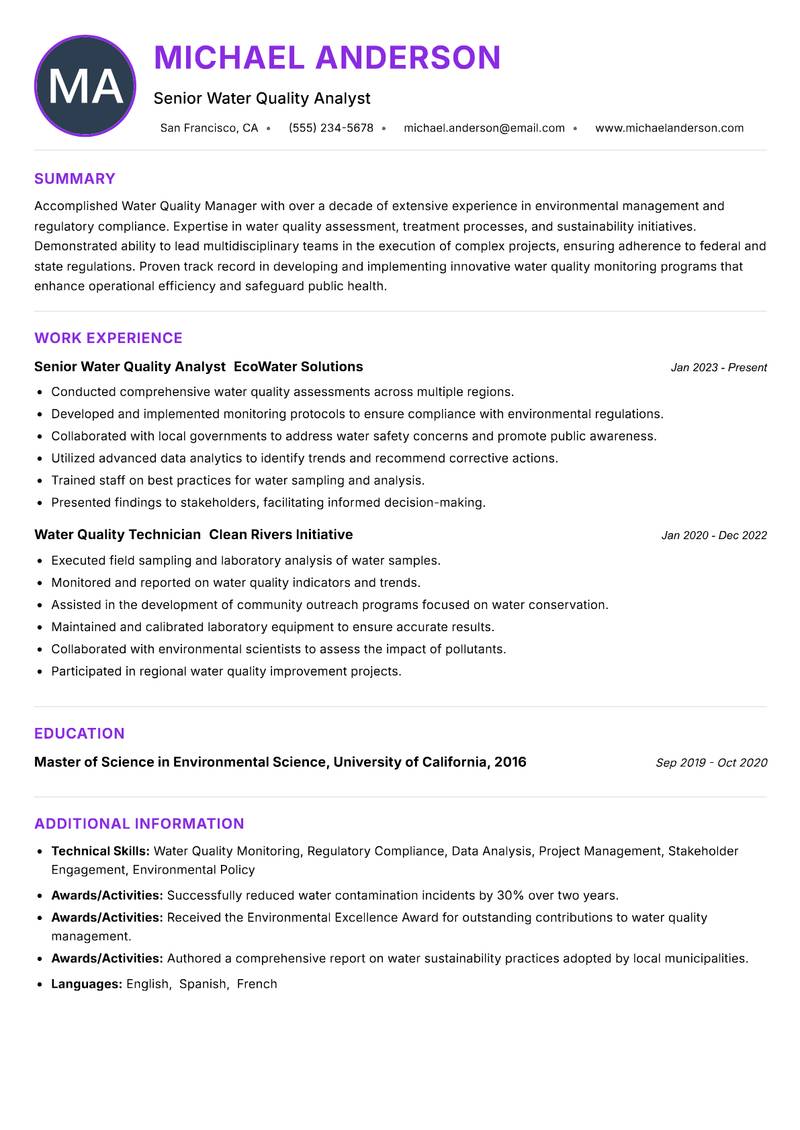 Water Quality Manager Resume Preview Example