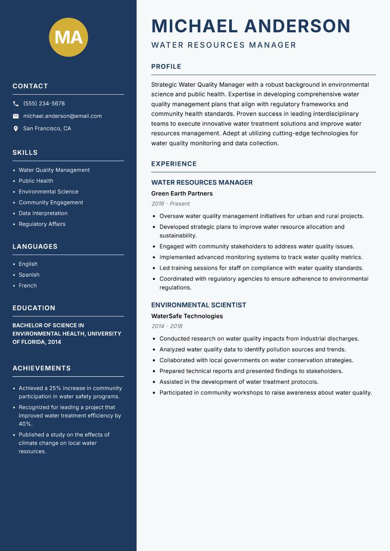 Water Quality Manager Resume Preview Example