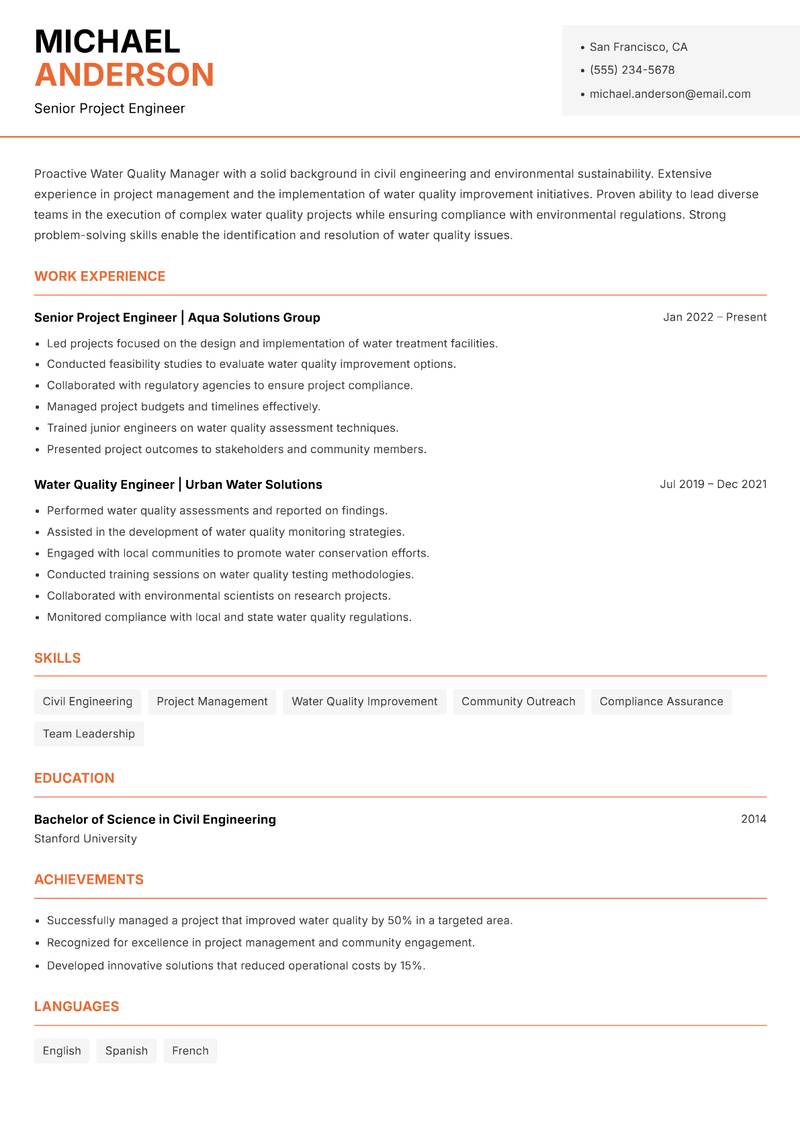 Water Quality Manager Resume Template