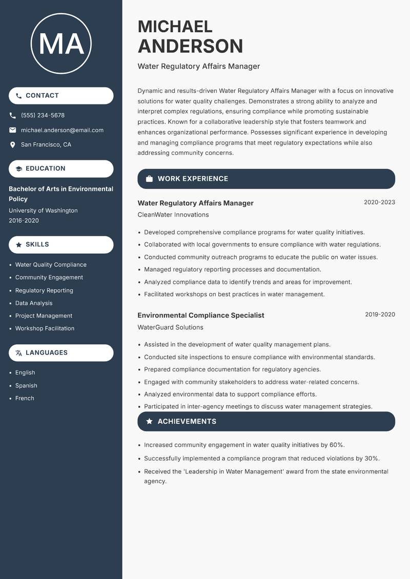 Water Regulatory Affairs Manager Resume Preview Example