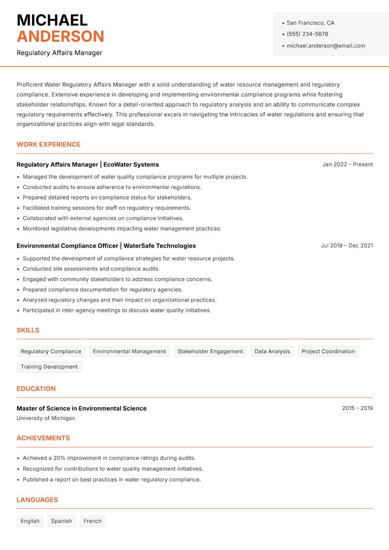 Water Regulatory Affairs Manager Resume Template