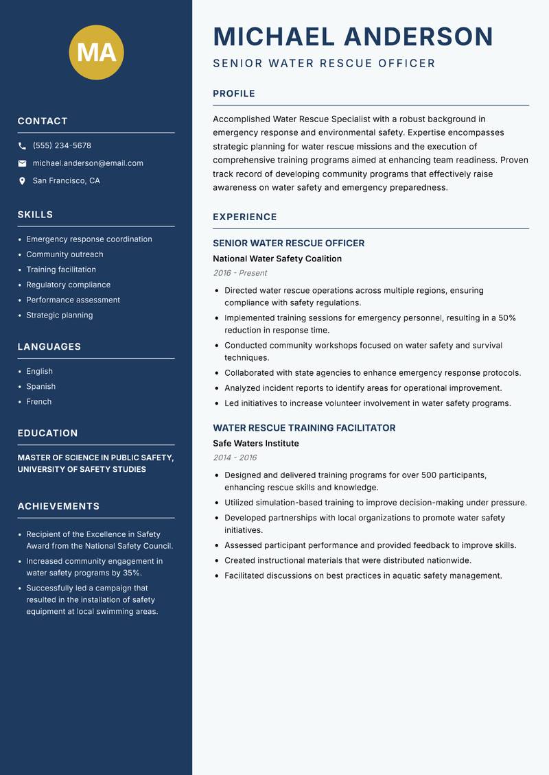 Water Rescue Specialist Resume Preview Example