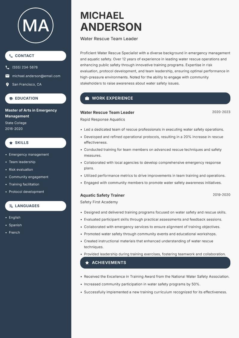Water Rescue Specialist Resume Preview Example