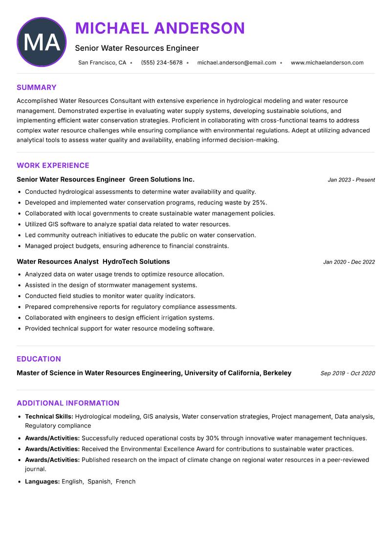 Water Resources Consultant Resume Preview Example