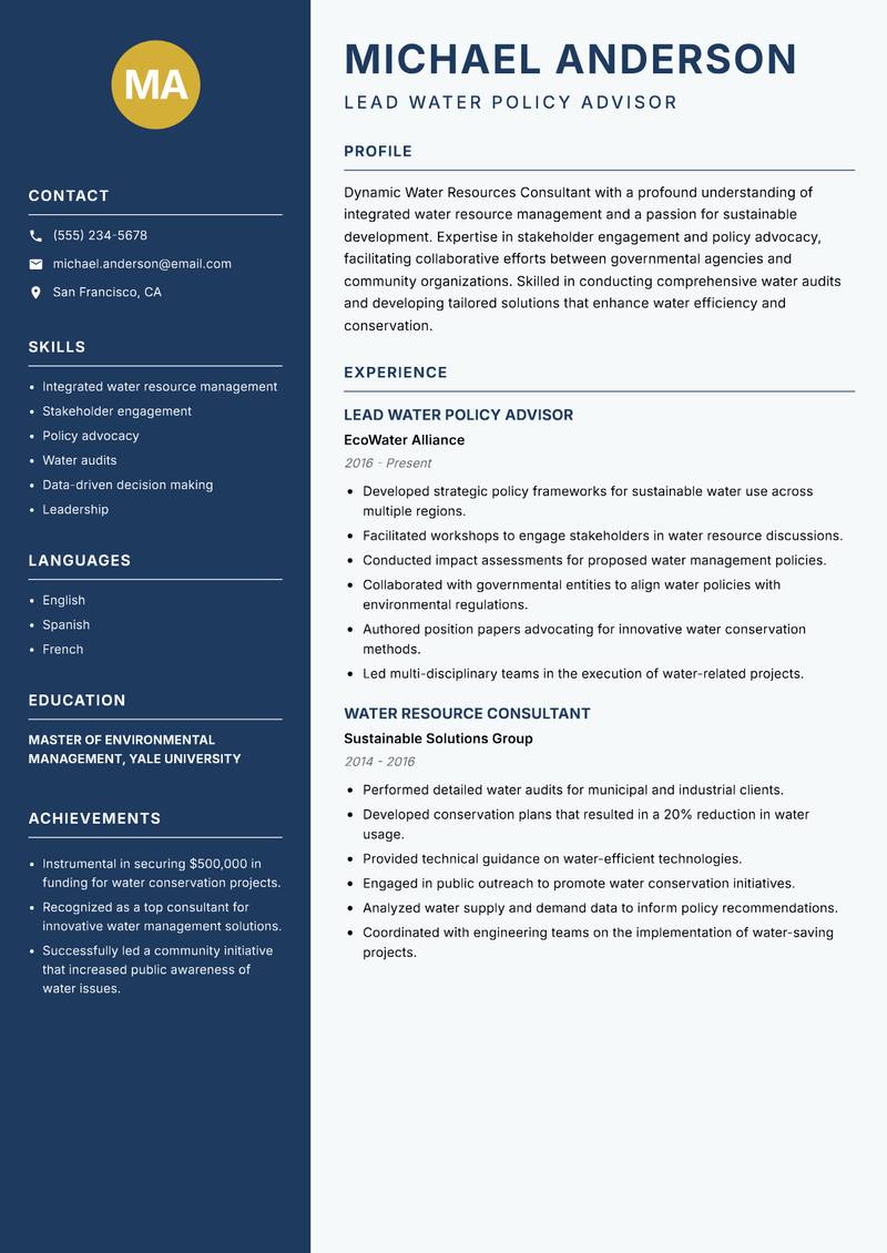 Water Resources Consultant Resume Preview Example