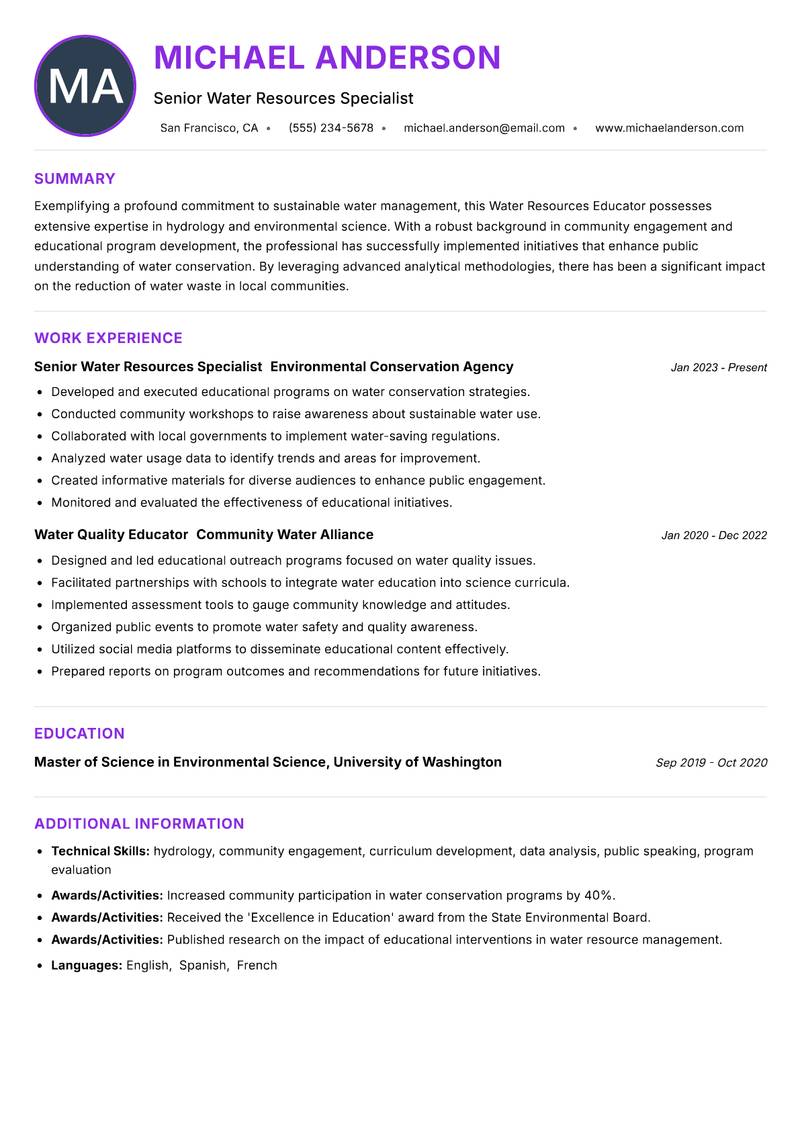 Water Resources Educator Resume Preview Example