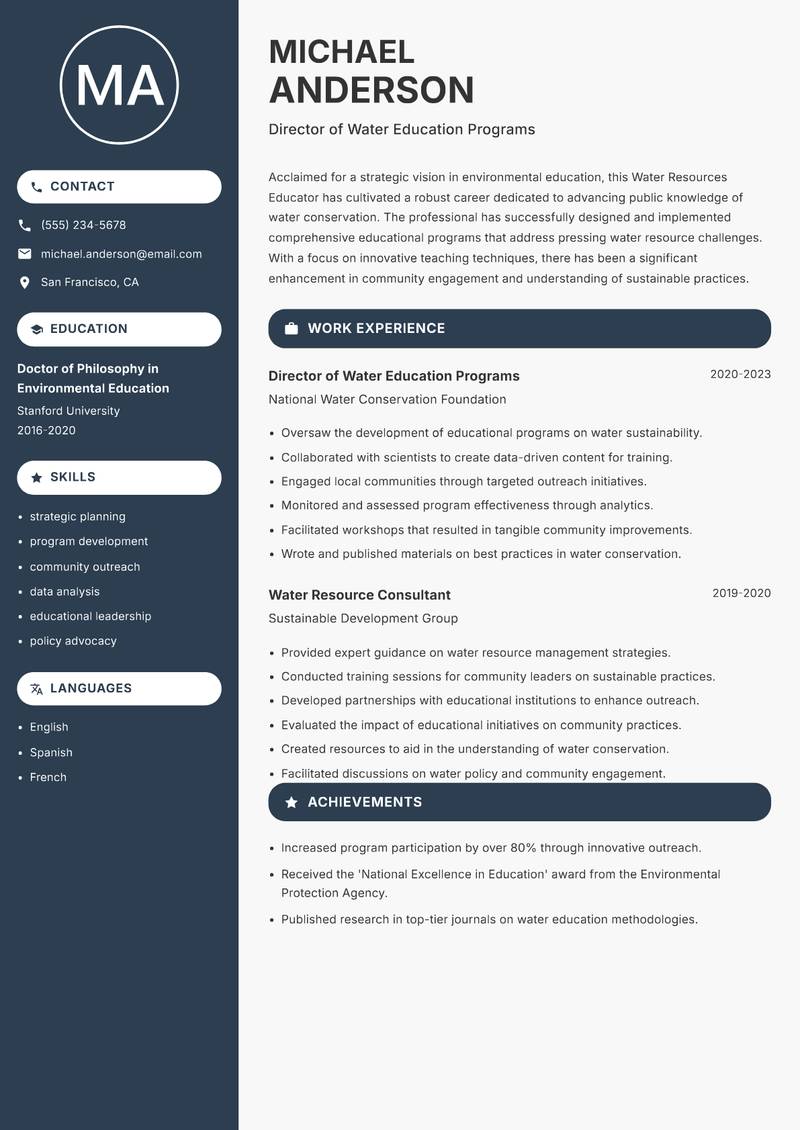 Water Resources Educator Resume Preview Example