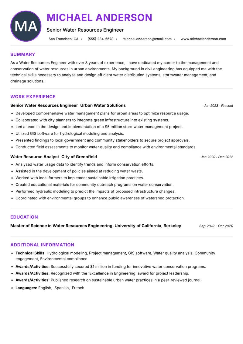 Water Resources Engineer Resume Preview Example