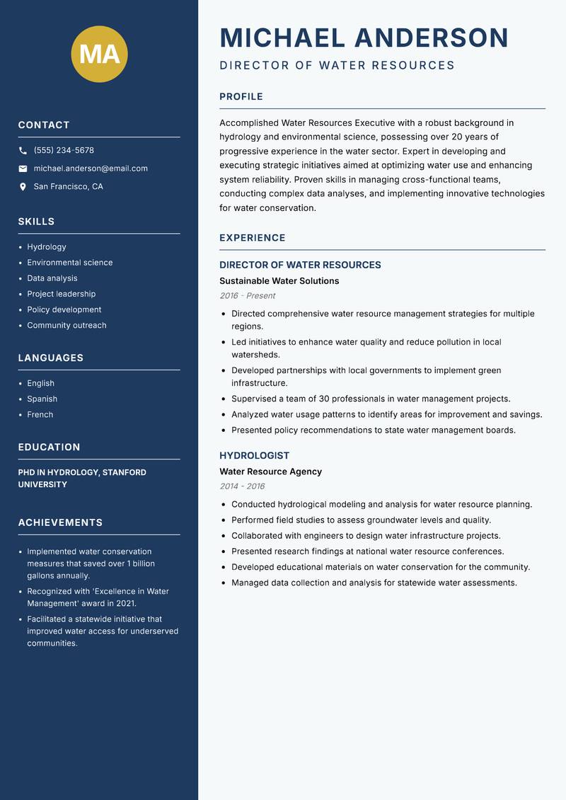 Water Resources Executive Resume Preview Example