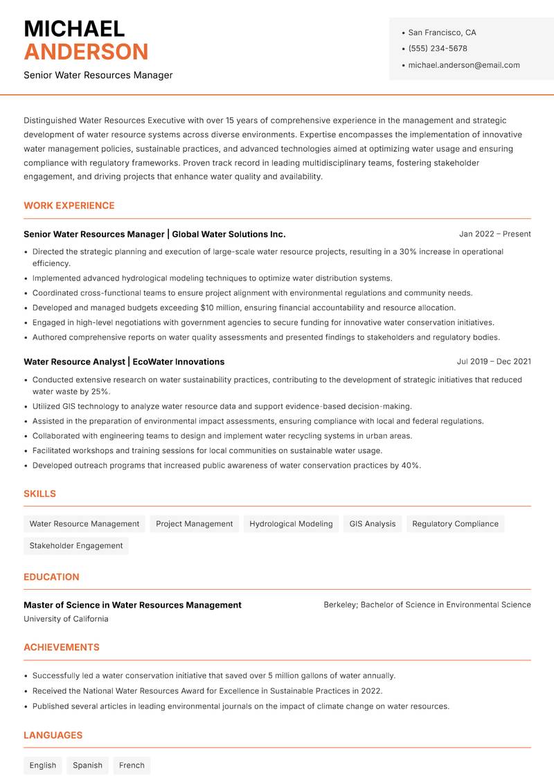 Water Resources Executive Resume Template