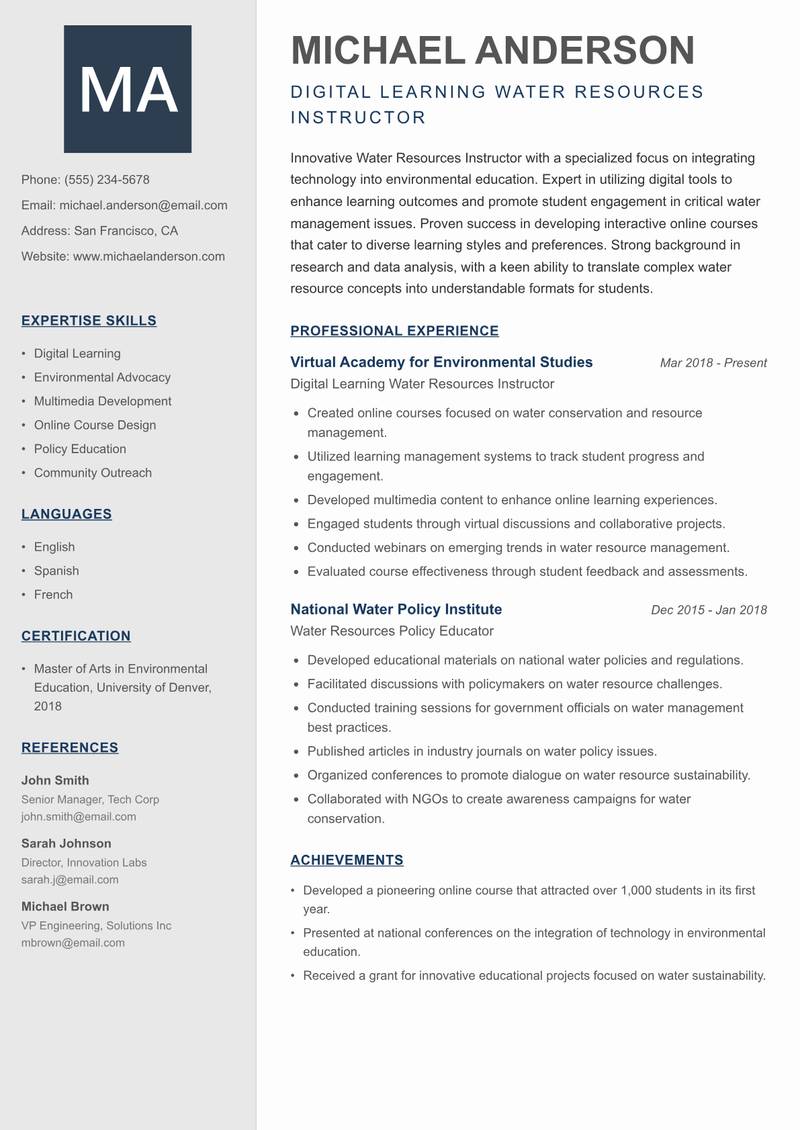 Water Resources Instructor Resume Preview Example