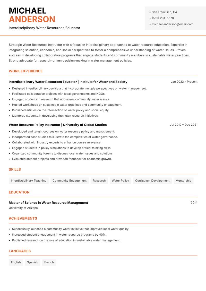 Water Resources Instructor Resume Template