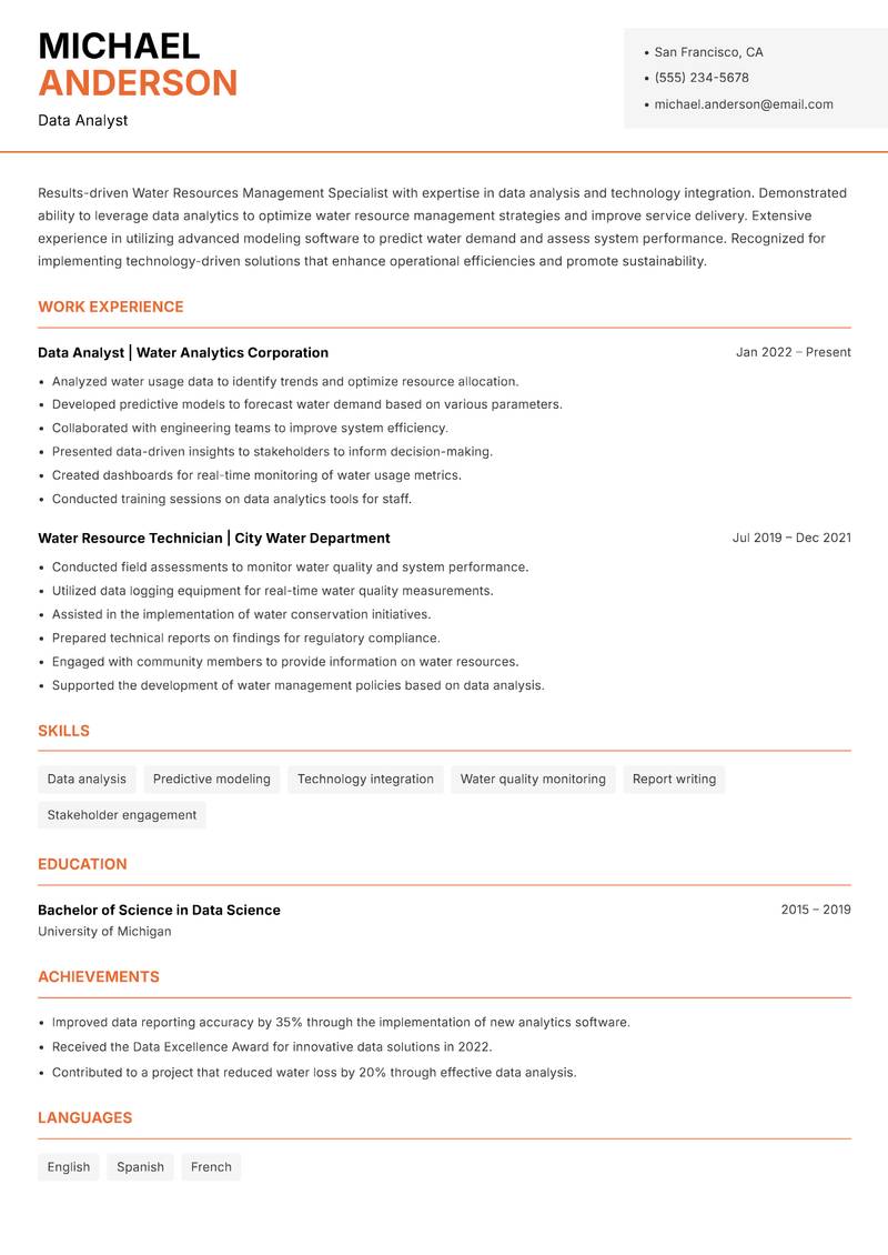Water Resources Management Specialist Resume Template