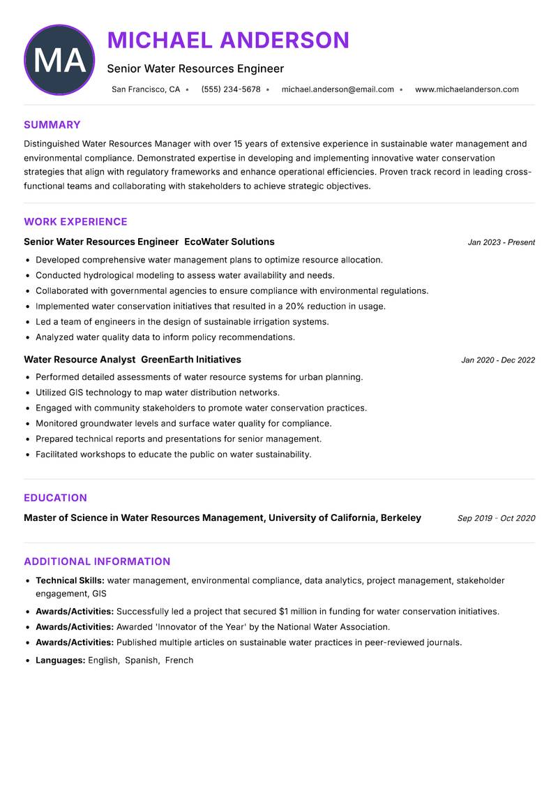 Water Resources Manager Resume Preview Example