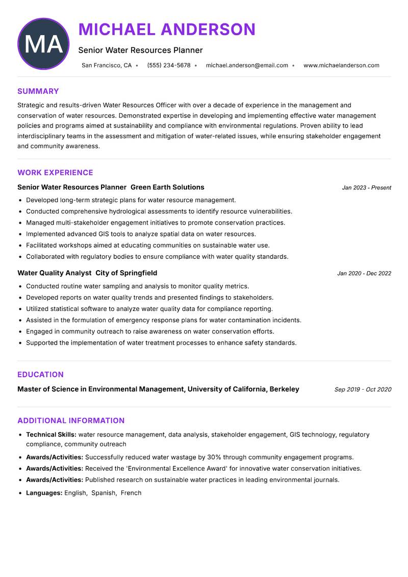 Water Resources Officer Resume Preview Example