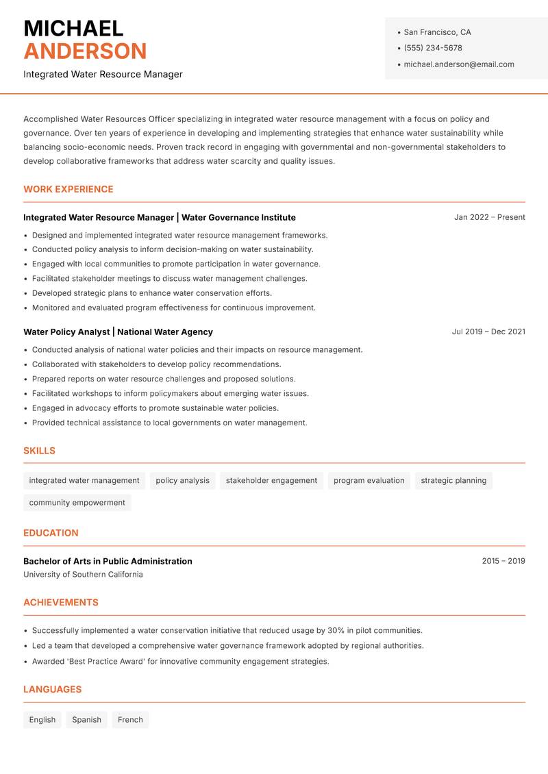 Water Resources Officer Resume Template