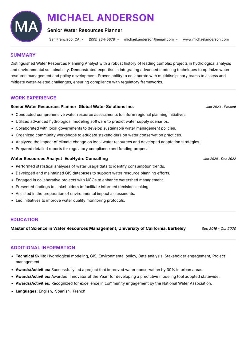 Water Resources Planning Analyst Resume Preview Example