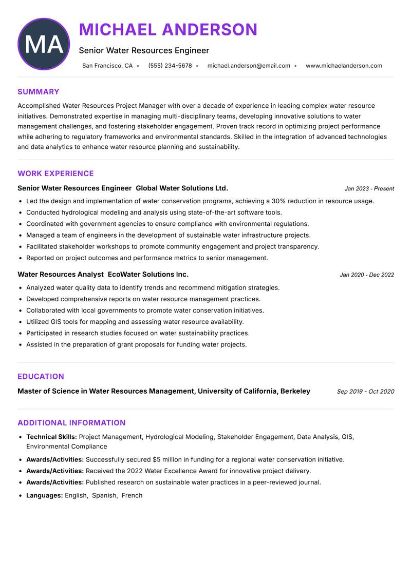 Water Resources Project Manager Resume Preview Example