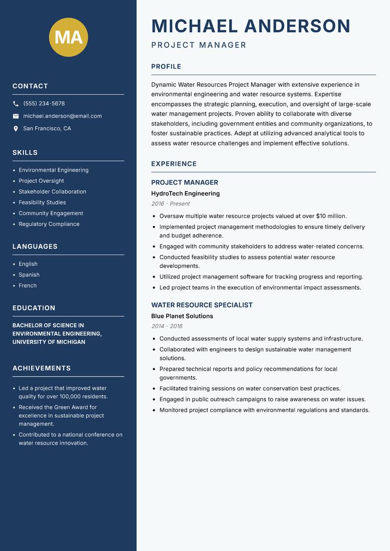 Water Resources Project Manager Resume Preview Example