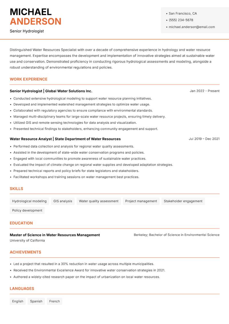 Water Resources Specialist Resume Template