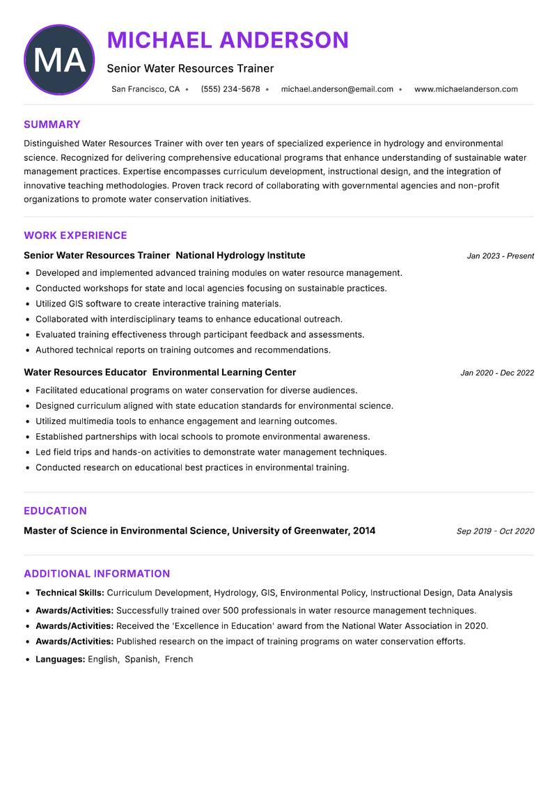 Water Resources Trainer Resume Preview Example