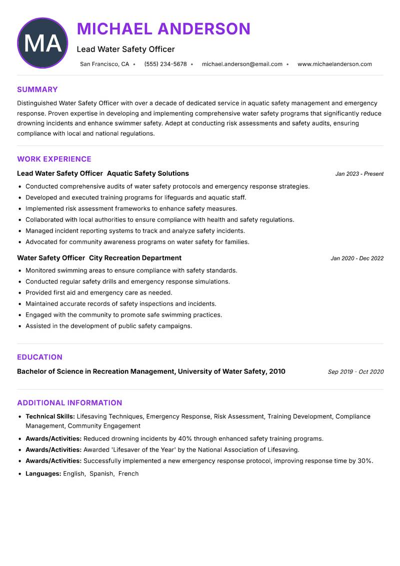 Water Safety Officer Resume Preview Example