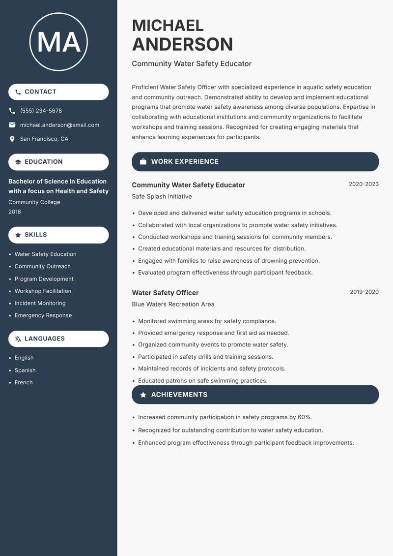 Water Safety Officer Resume Preview Example