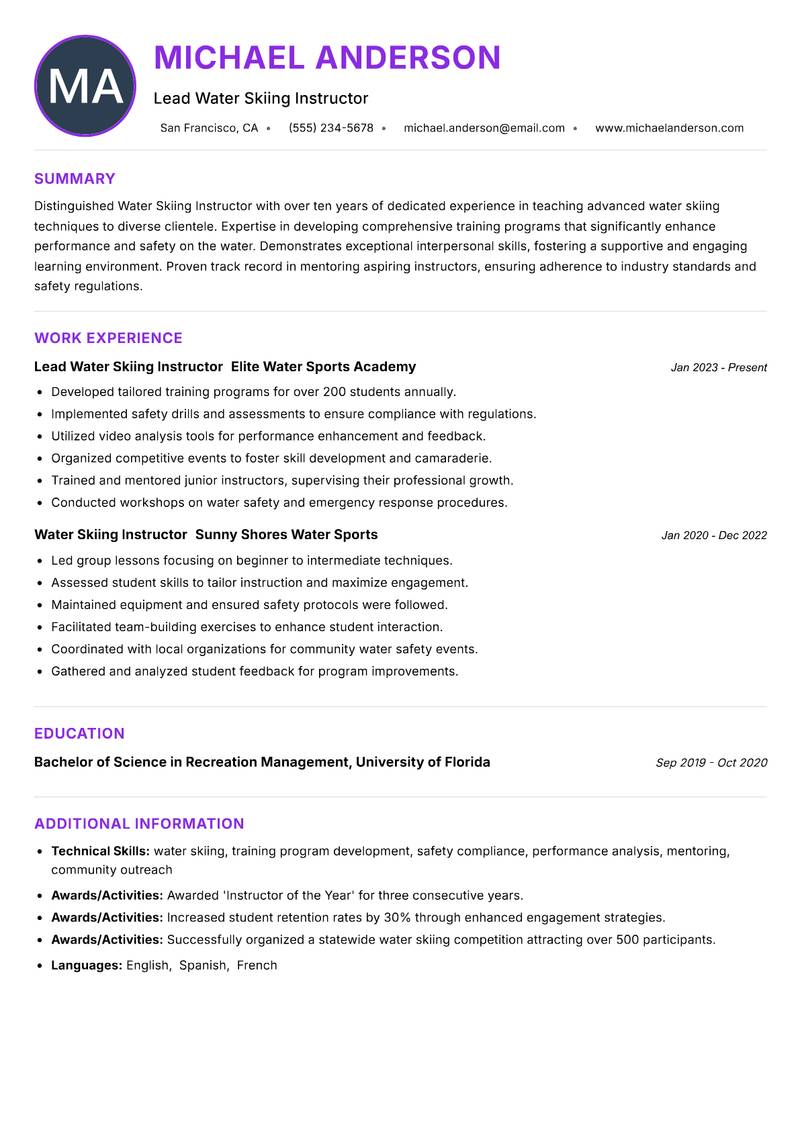 Water Skiing Instructor Resume Preview Example