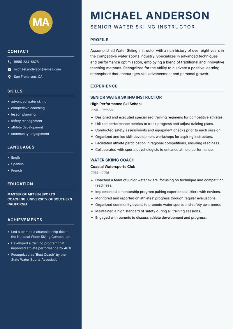 Water Skiing Instructor Resume Preview Example