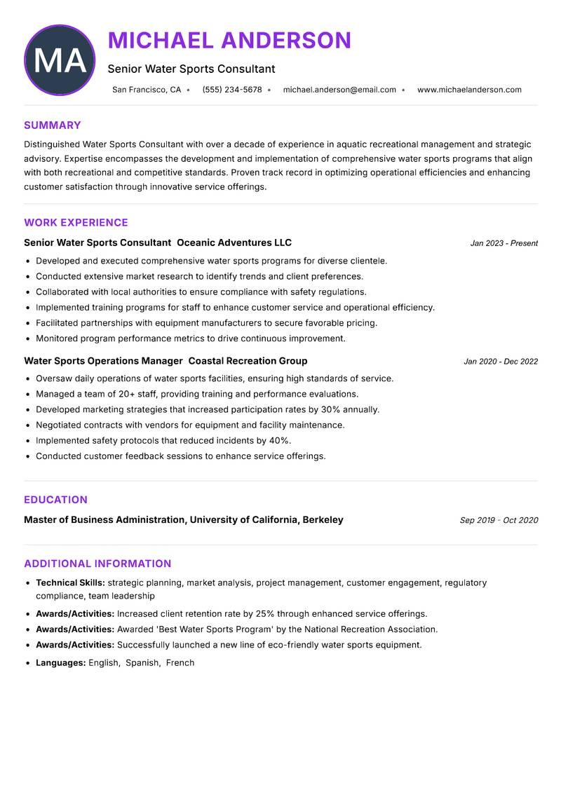 Water Sports Consultant Resume Preview Example