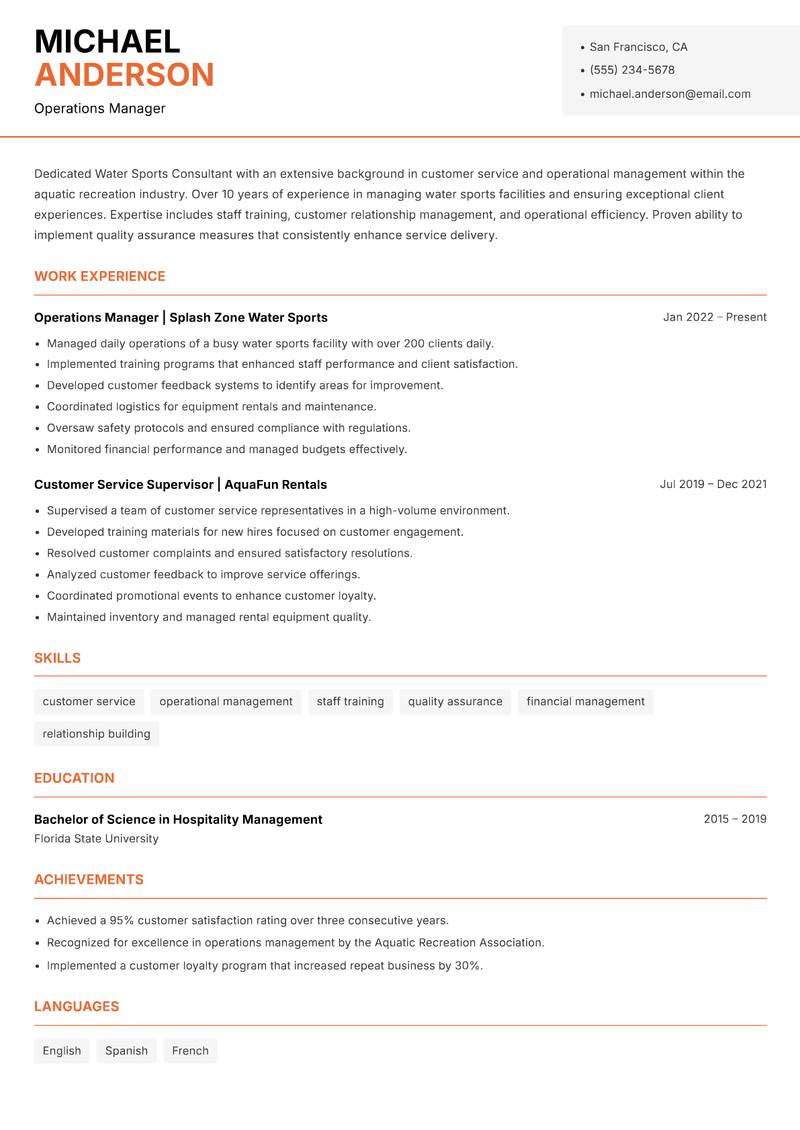 Water Sports Consultant Resume Template