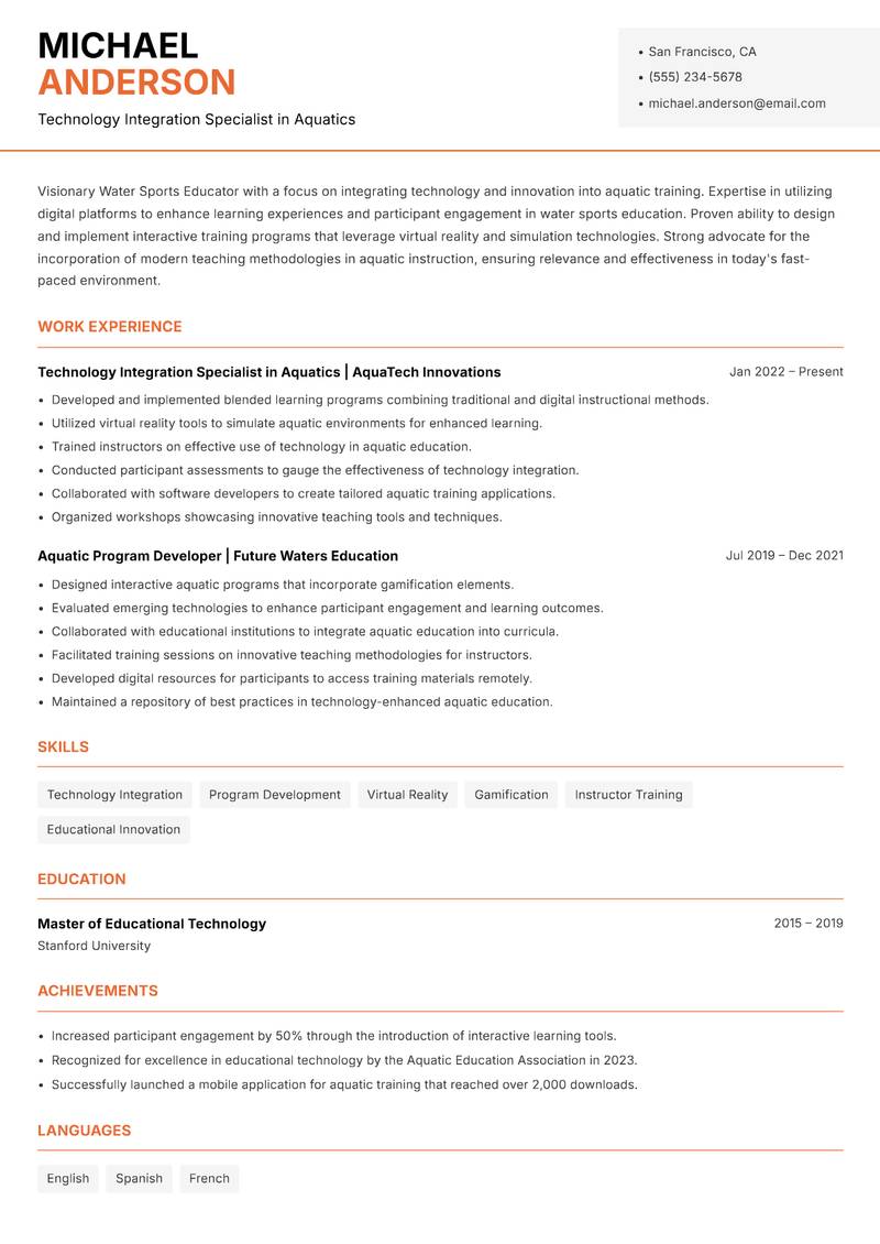 Water Sports Educator Resume Template