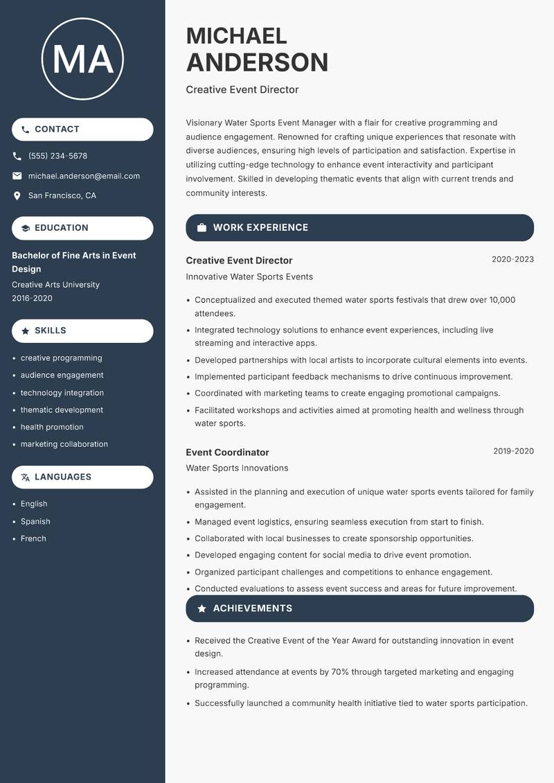 Water Sports Event Manager Resume Preview Example