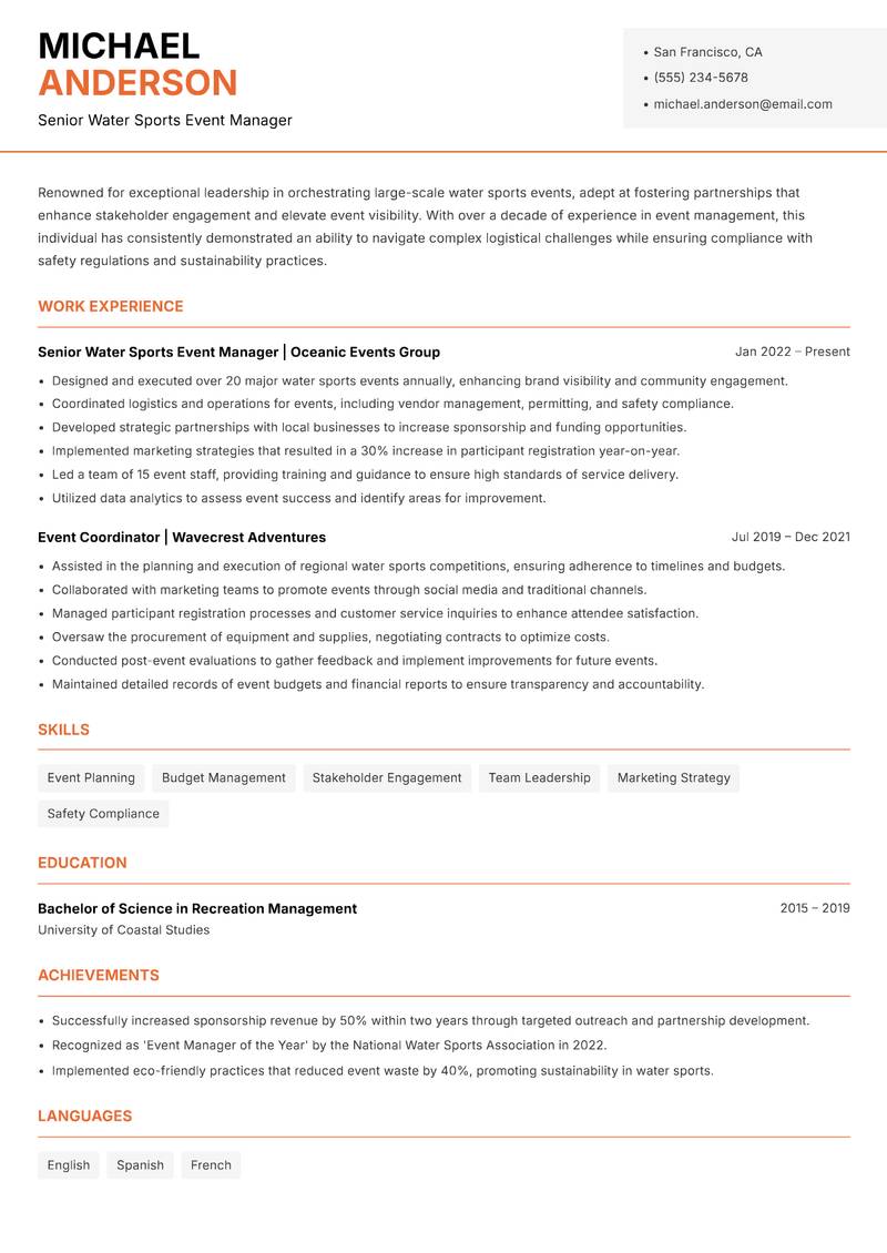 Water Sports Event Manager Resume Template