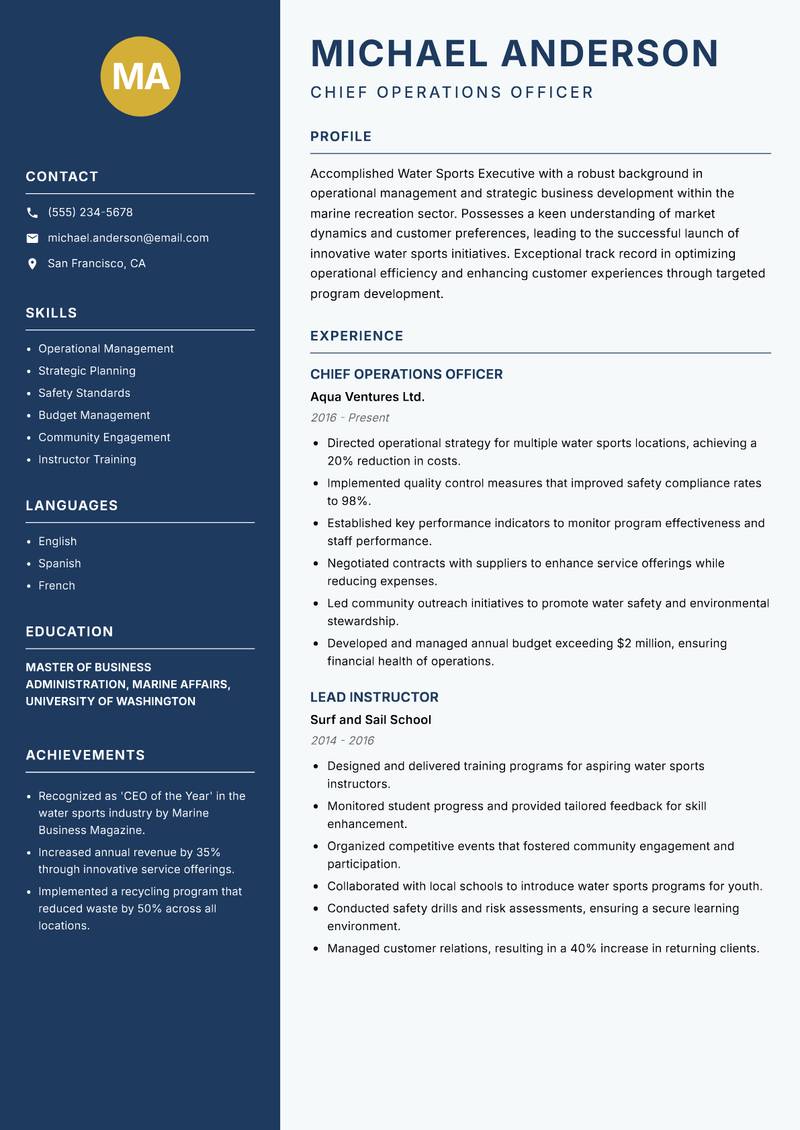 Water Sports Executive Resume Preview Example