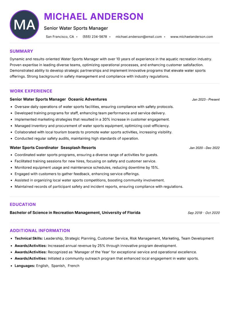 Water Sports Manager Resume Preview Example