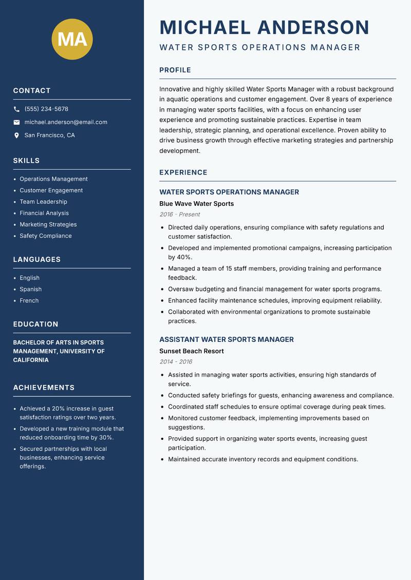 Water Sports Manager Resume Preview Example