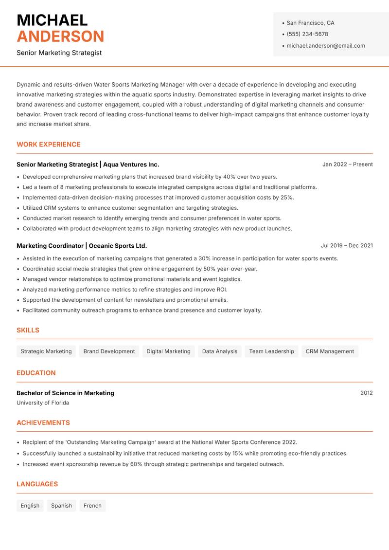 Water Sports Marketing Manager Resume Template