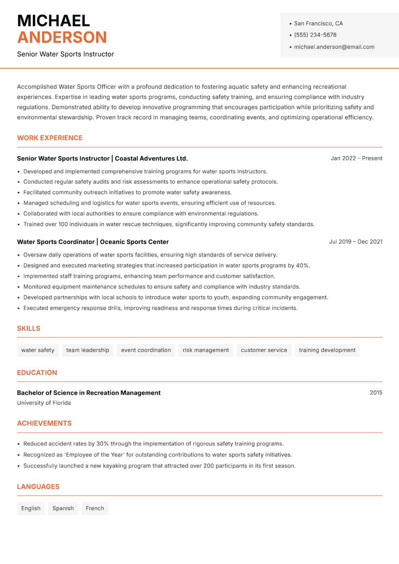 Water Sports Officer Resume Template
