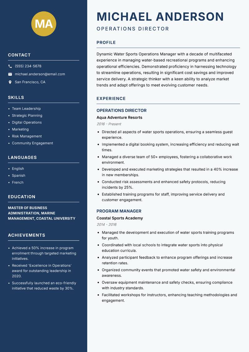 Water Sports Operations Manager Resume Preview Example