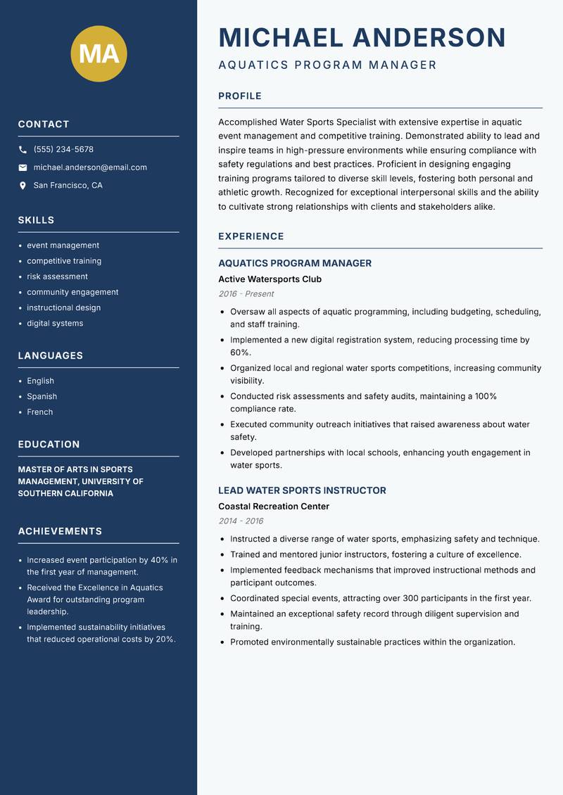 Water Sports Specialist Resume Preview Example