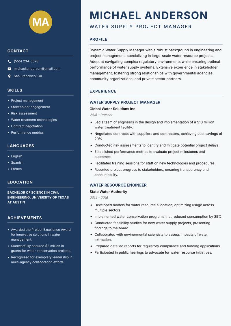 Water Supply Manager Resume Preview Example