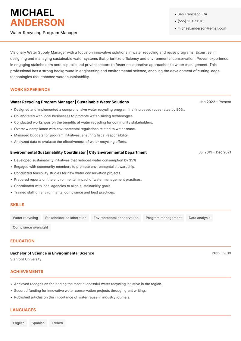 Water Supply Manager Resume Template